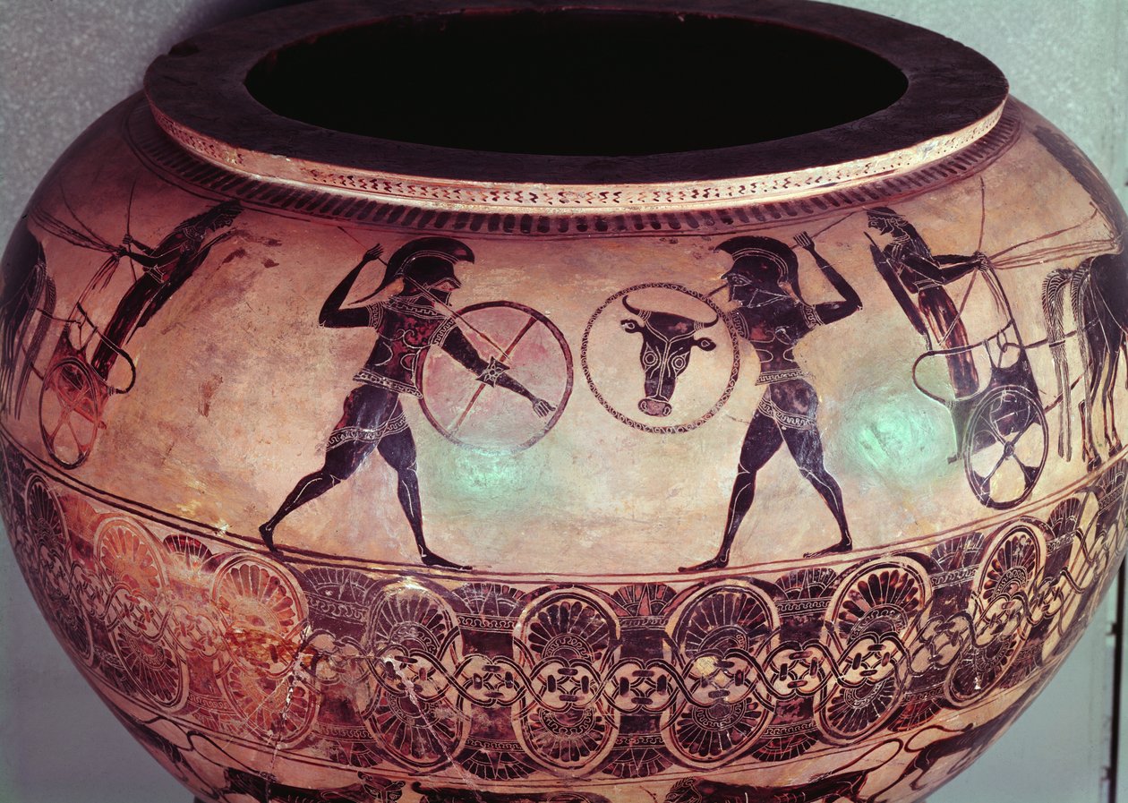Dinos föreställande Perseus och Gorgonerna, detalj som visar hopliterna slåss mellan sina vagnar, c.580 f.Kr. (keramik) (se även 173180) av Greek