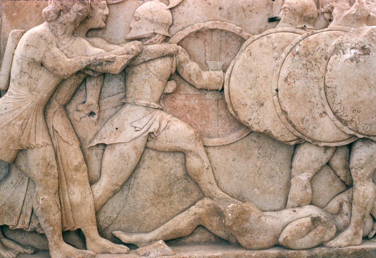 Strider utanför Troja, fresk från den sifniska skattkammaren, ca 525 f.Kr. (marmor) av Greek