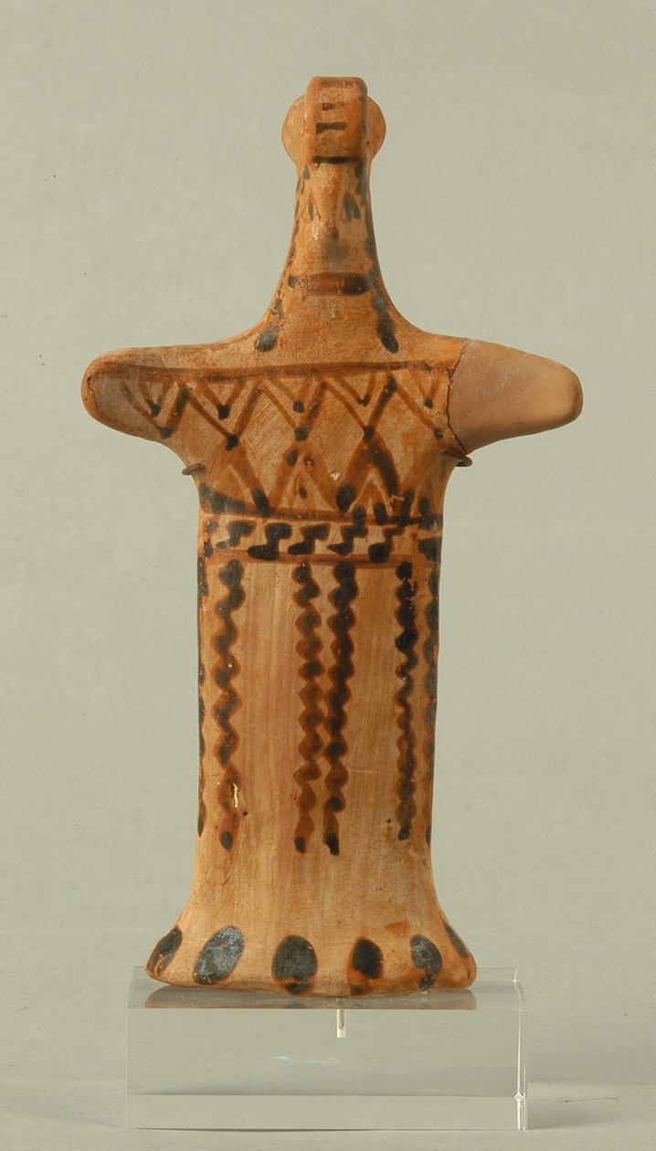 Statyett av en stående kvinnlig, boeotisk verkstad, arkaisk period (målad lera) av Greek