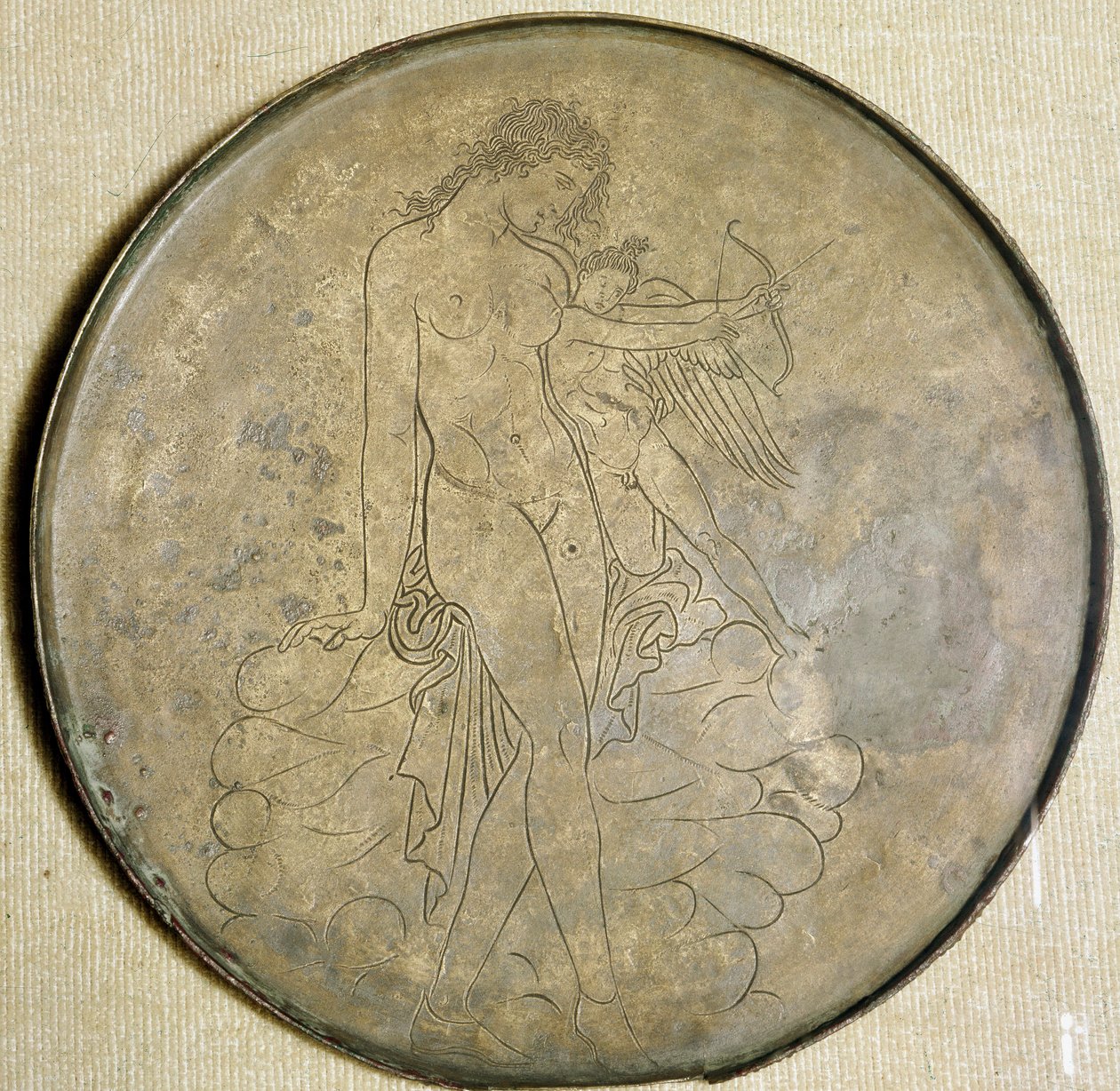 Grekisk konst: "" Afrodite och Eros"" Bronsspegel. 350 f.Kr., Louvren av Greek