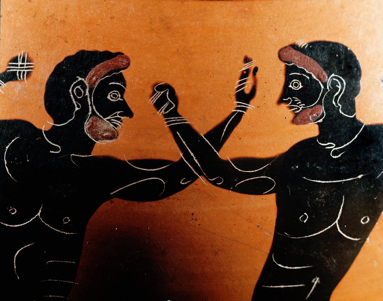 Grekisk konst: Panathenaic Terracotta amphora: detalj som visar ett slag vid pugilat. Vulci Warriors grav. 600-talet f.Kr. Rom, Nationalmuseet Villa Giulia av Greek
