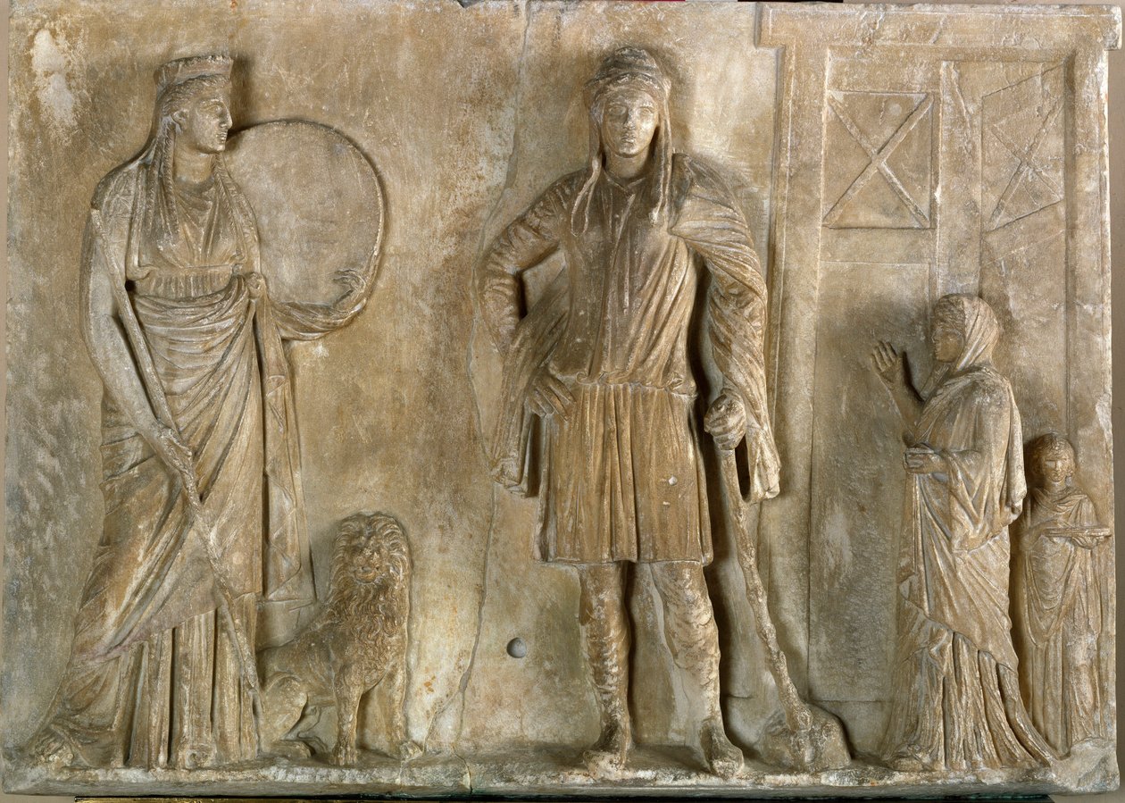 Grekisk konst: "" frygiska gudomliga Cybele och Attis, hans son och älskare"" Marmorrelief från 200-talet f.Kr. Museo Archeologico, Venedig av Greek
