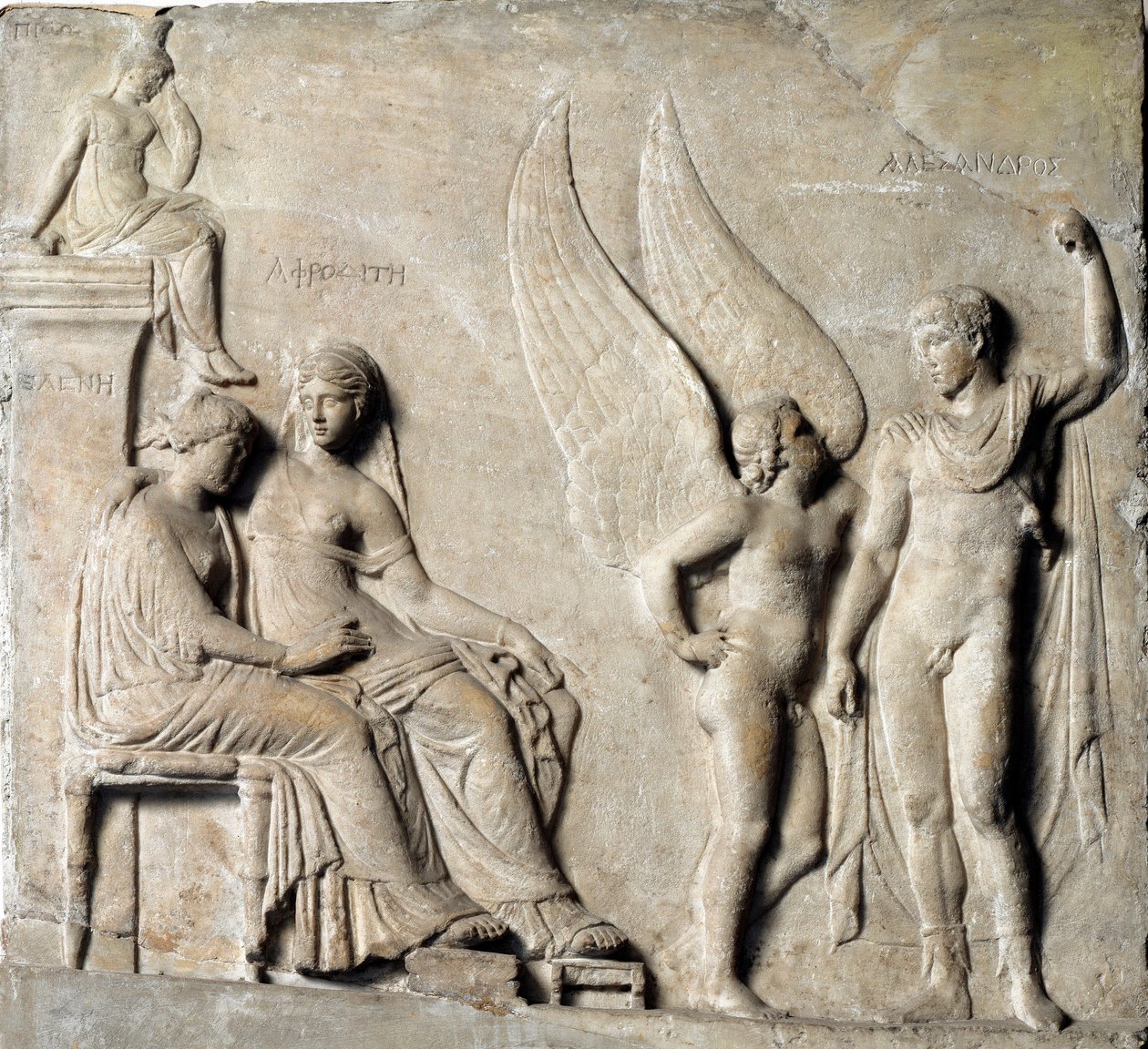 Grekisk konst: "" Prinsen av Sparta Paris seduit Helene av Troja, Afrodite är representerad""" Marmorrelief från ett grekiskt original. 1:a århundradet f.Kr. Museo Archeologico Nazionale, Neapel - Paris, prins av Sparta och Helen av Troja, med Afrodite - M av Greek