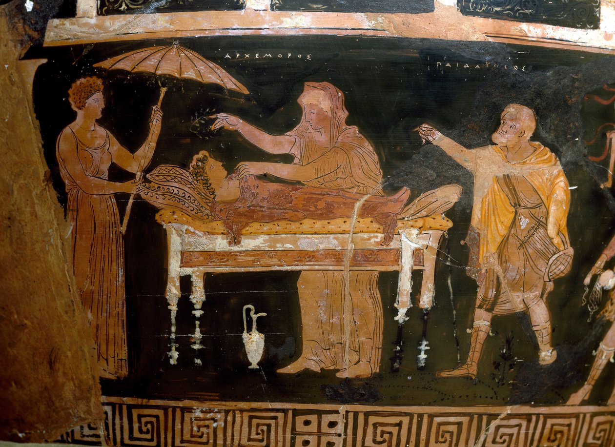 Grekisk konst: Vase of Arhemore: The Funeral of Arhemore (Opheltes) Målning av målaren av Darius. Från Ruvo. 4:e århundradet f.Kr. Nationella arkeologiska museet, Neapel av Greek