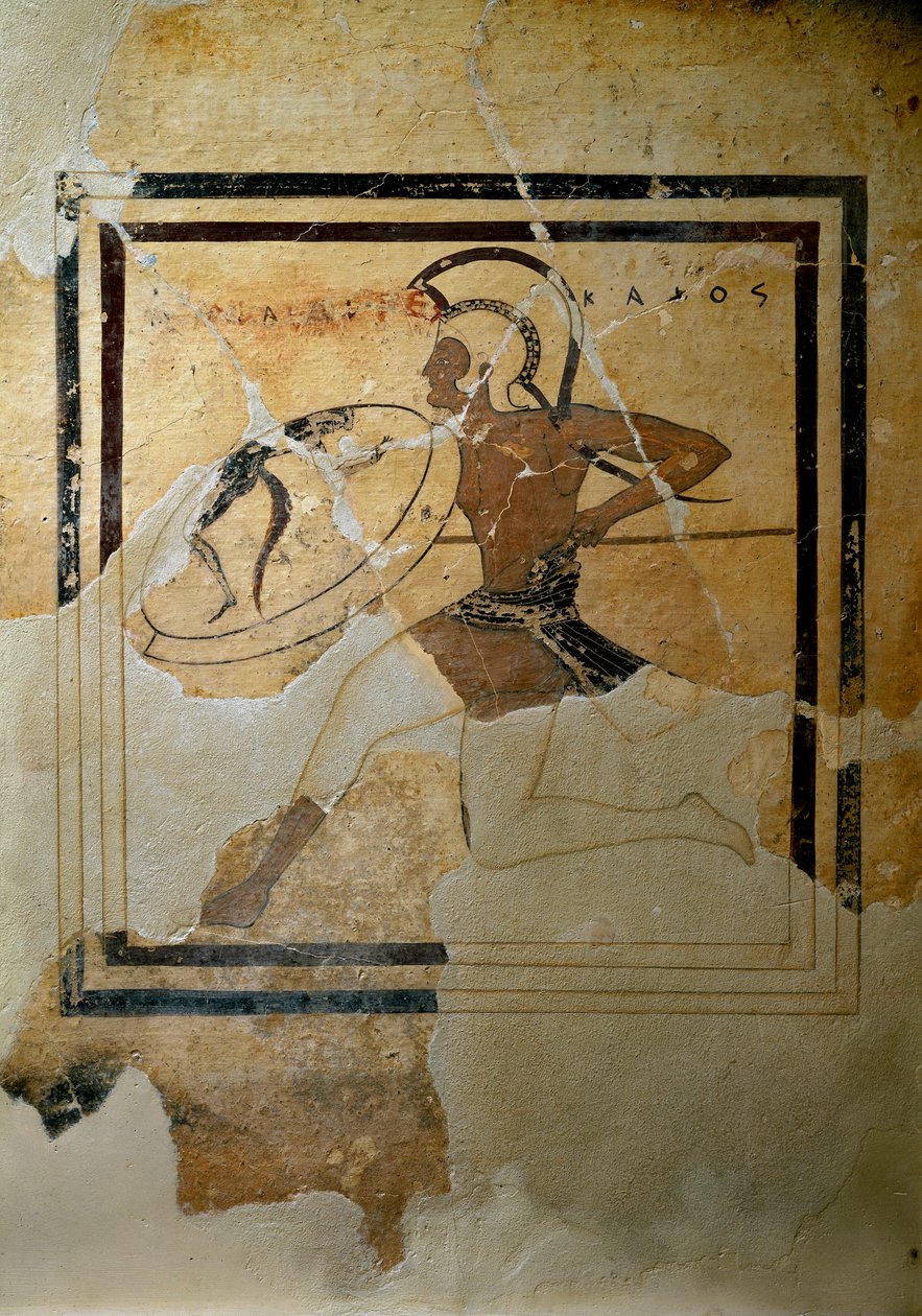 Grekisk konst: "" pynax (votivtavla) av terrakotta som representerar en hoplit i full ras""" 520-510 f.Kr. Sol. h. 65,5 cm Aten, Akropolismuseet (inv. 67) av Greek