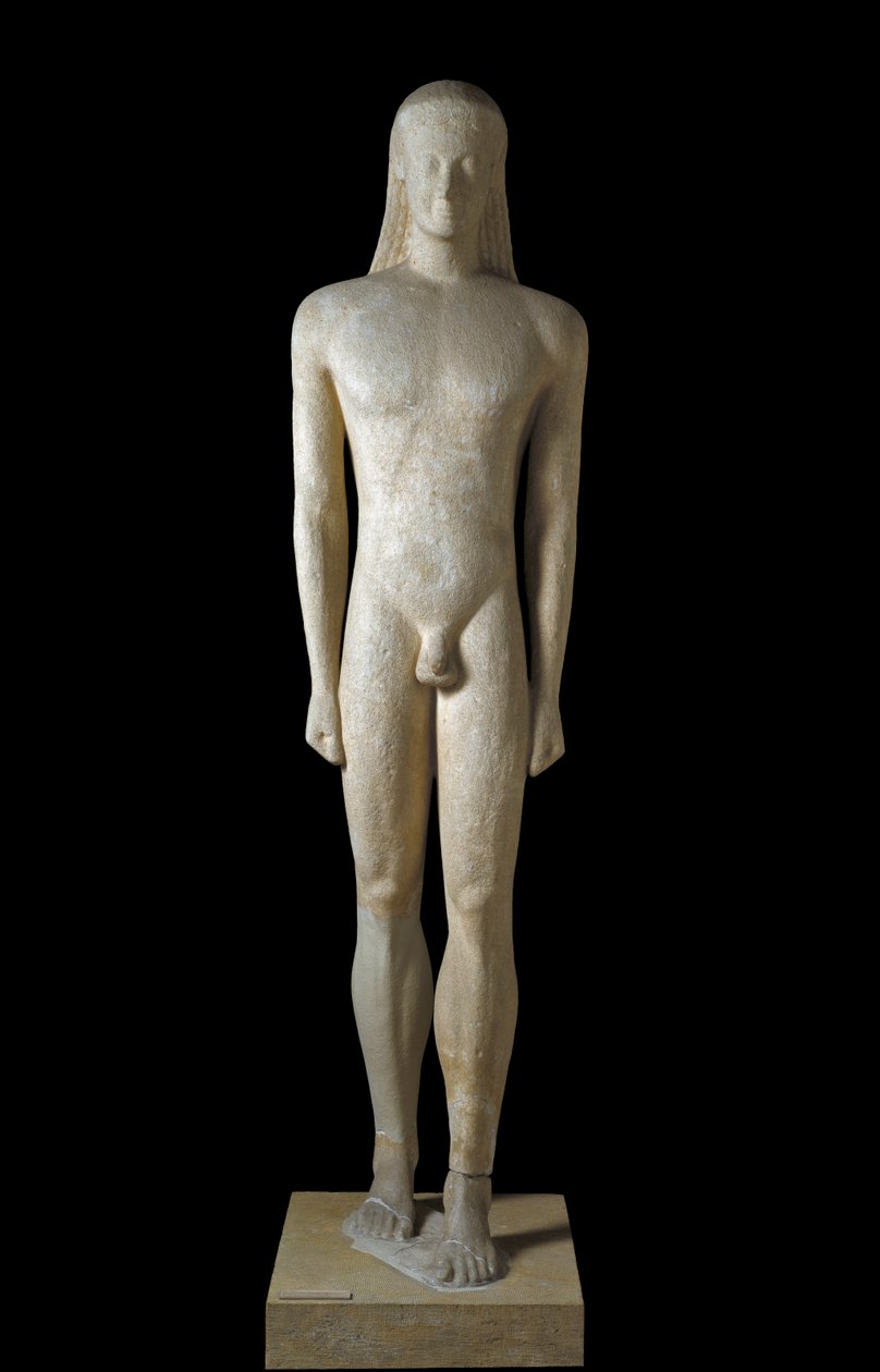 Grekisk konst: staty av Kouros, skulptur av ung man från den arkaiska perioden (650-500 f.Kr.), 530-520 f.Kr., Från Melos, Dim. 1,94 m - Aten, National Archaeological Museum - Kouros - Arkaisk grekisk skulptur (650-500 f.Kr.), från Melos, 530-520 f.Kr. (H. av Greek