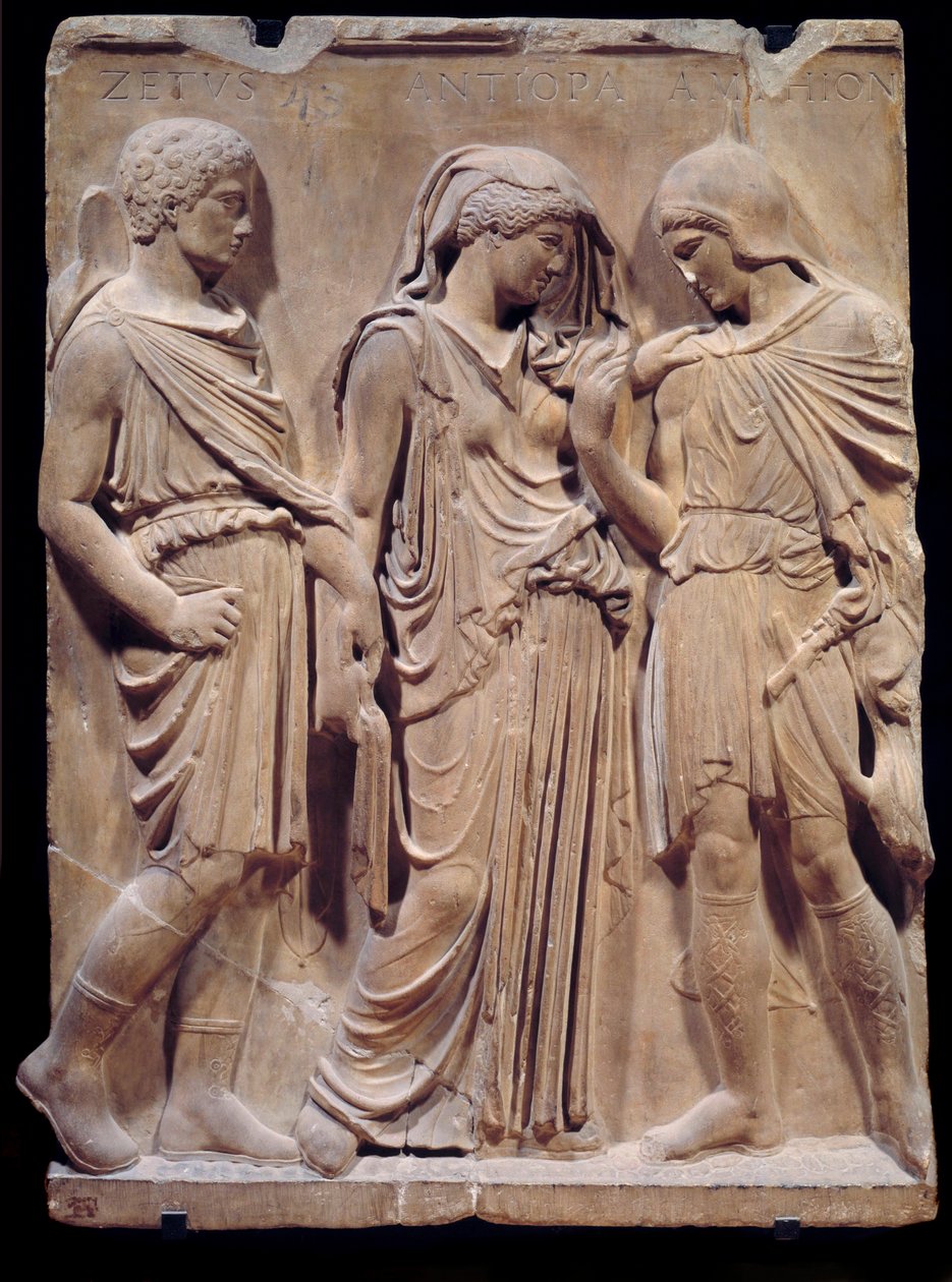 Grekisk antikvitet: Orphees farväl till Eurydice som Hermes är beredd att föra tillbaka till helvetet. Inskriptionen som ger namnen Zethus, Antiope och Amphion går tillbaka till renässansen. Låg marmorrelief. 480-323 f.Kr. Sön 1,2 m Paris, Musée du Louv av Greek