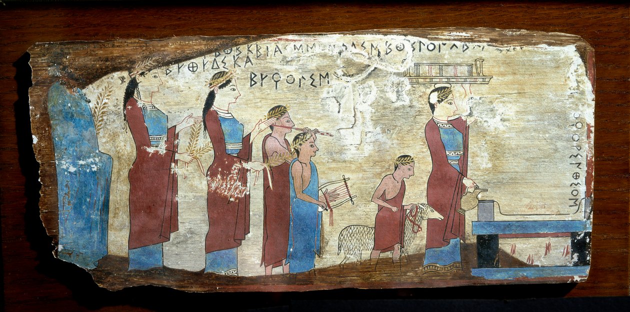Grekisk antikvitet: offer av ett lamm. Träfärg från Sicyon i Korintiska viken. 600-talet f.Kr. Aten, Arkeologiska museet av Greek