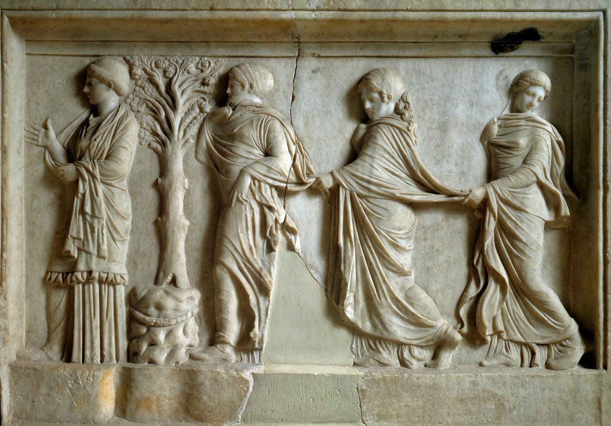 Grekisk konst: lågrelief som representerar tre nymfer som följer en ung kvinna. 2:a århundradet f.Kr. Aten, Piree Museum av Greek