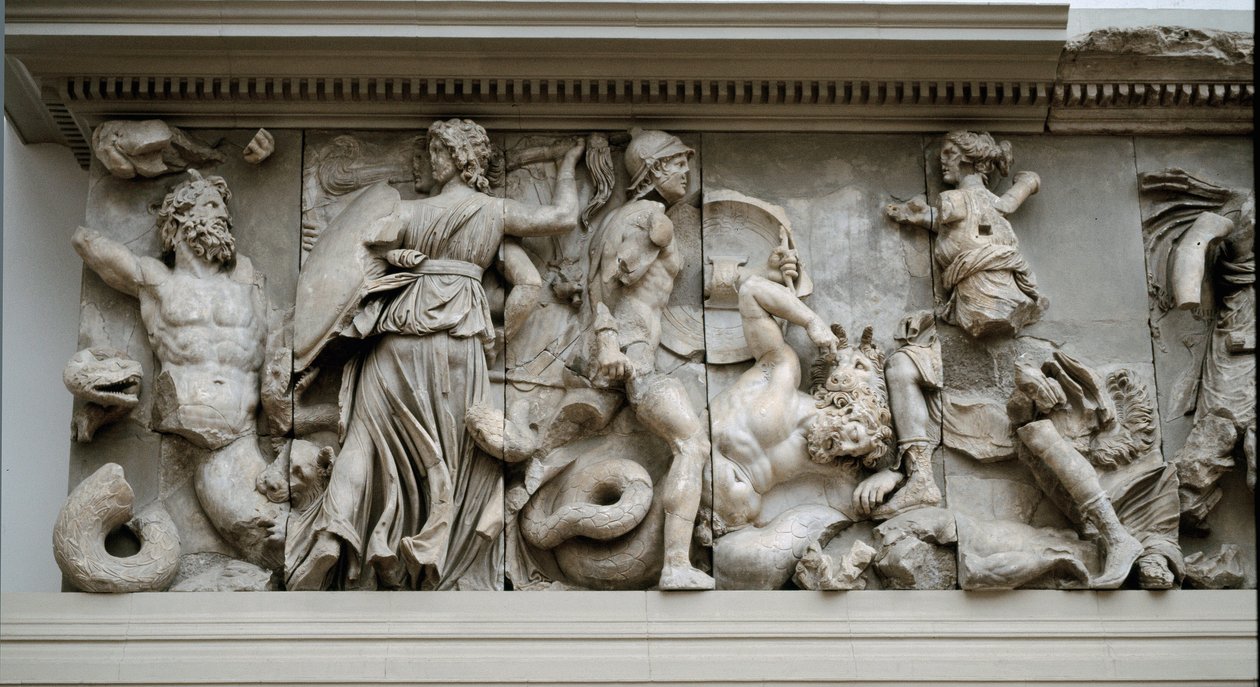 Grekisk konst: representation av Hecate och Artemis. Fris av Zeus a Pergamons altare, lågrelief av Eumene II av Greek