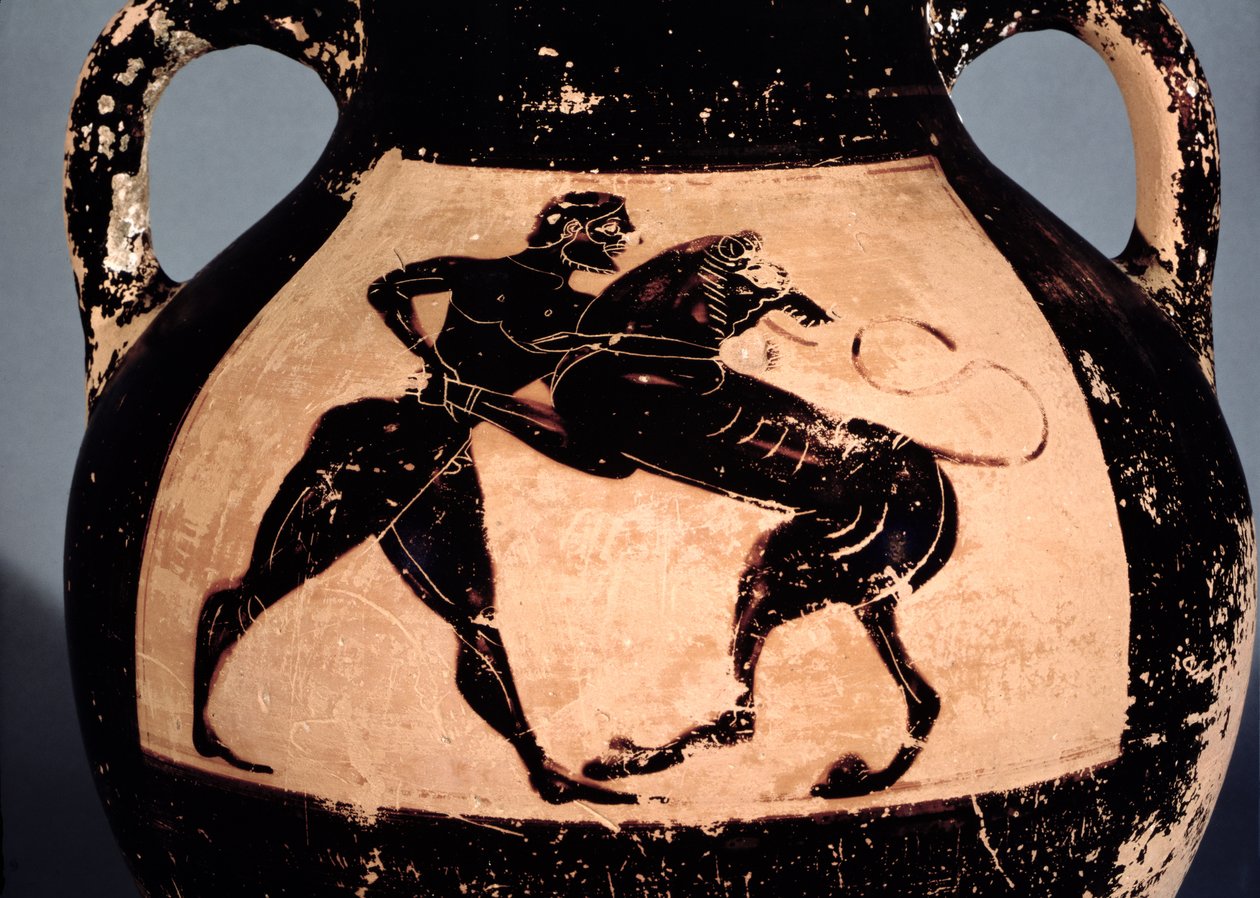 Herakles kämpar med det Nemeiska lejonet, detalj från en attisk svart-figur amfora (keramik) av Greek