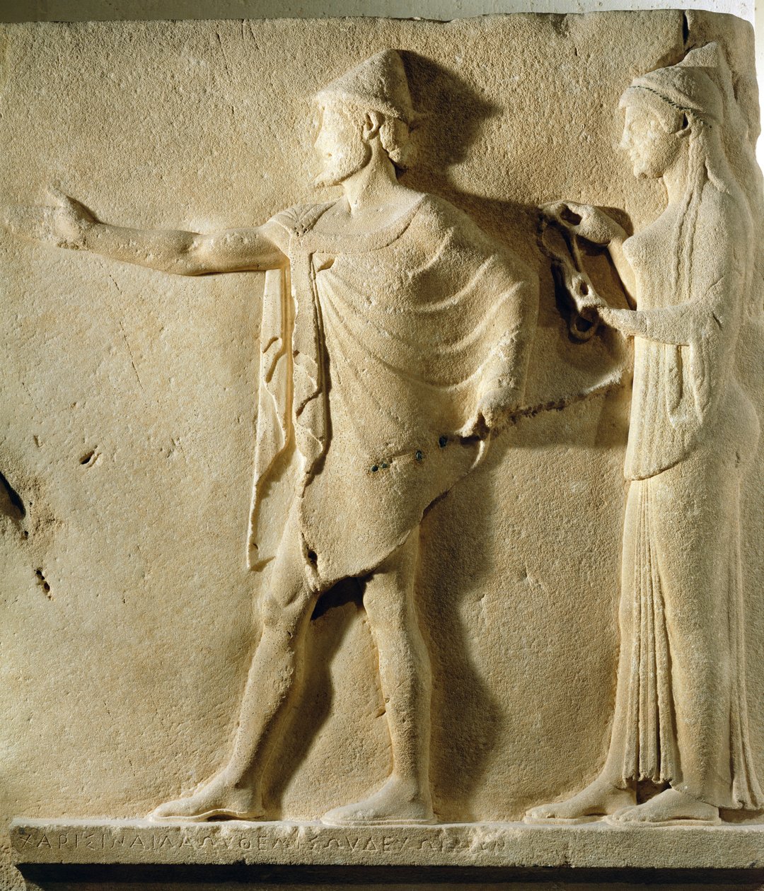 Hermes agoraios och en välgörenhet, relief från Teorernas Passage, från Thasos, ca 470 f.Kr. (marmor) (se även 346624) av Greek