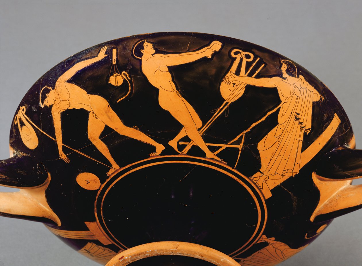 Kylix-kopp föreställande idrottare och symposist, ca 480 f.Kr. (keramik) (se även 293740) av Greek