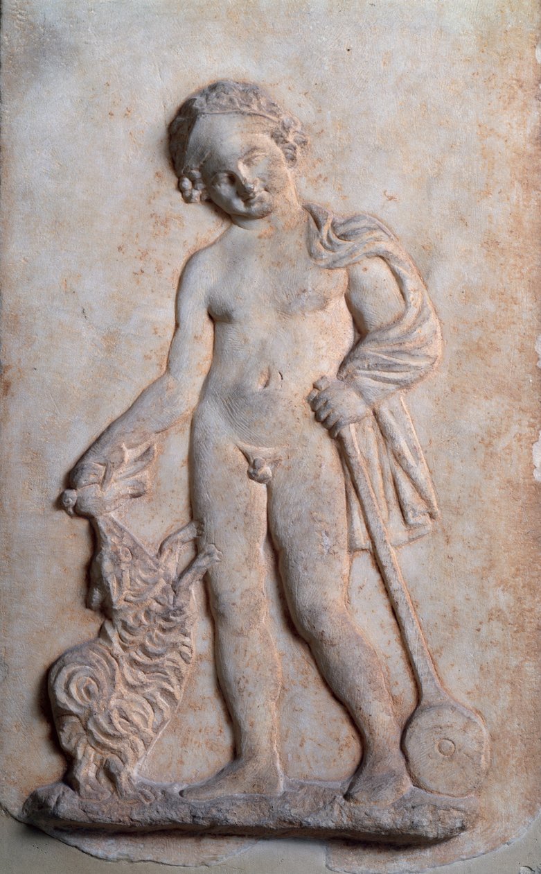 Magna graecia: liten pojke som leker, marmorrelief, 500-talet f.Kr av Greek