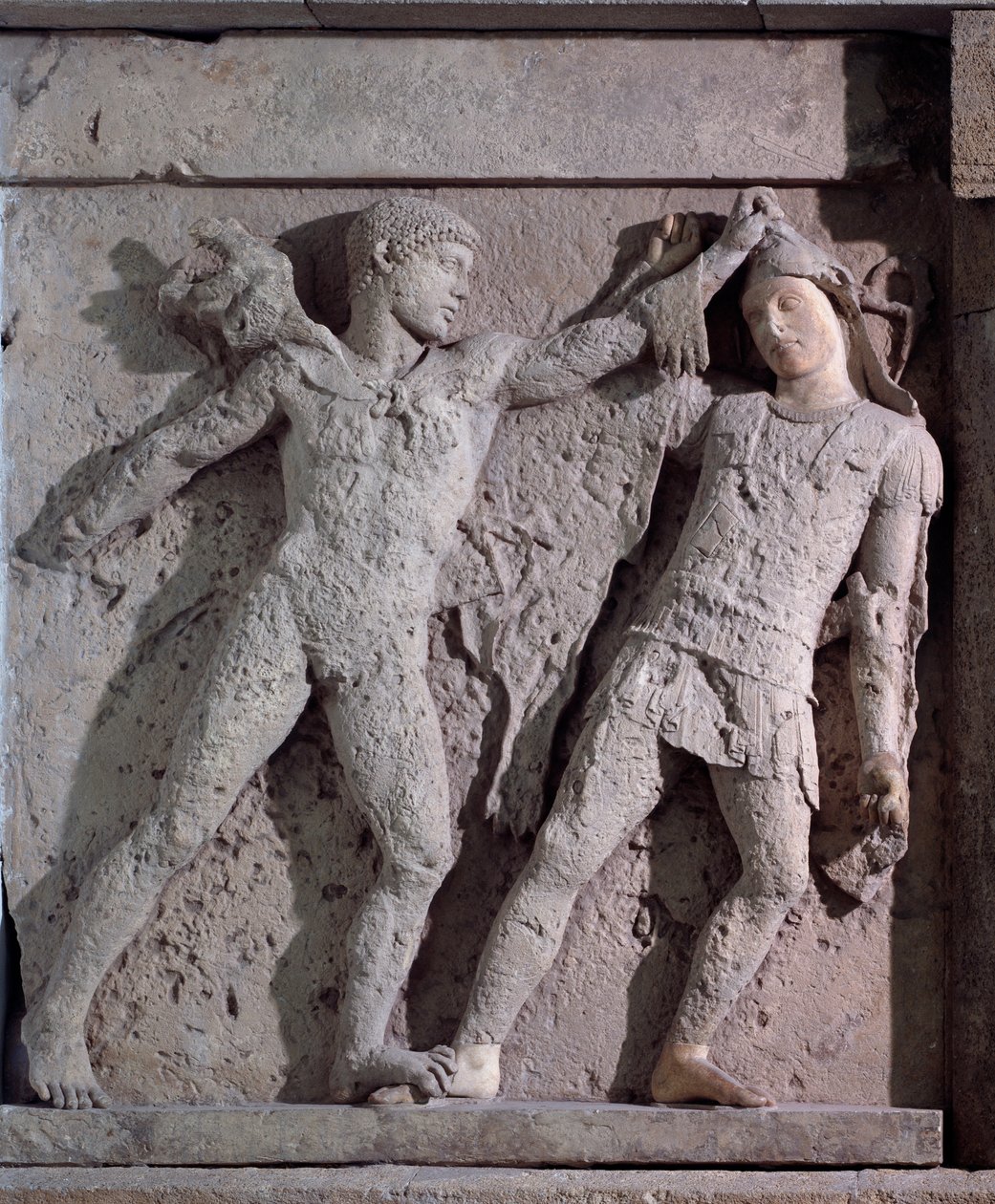 Magna graecia: metop med herakles och amazon, stenrelief, 500-talet f.Kr. av Greek