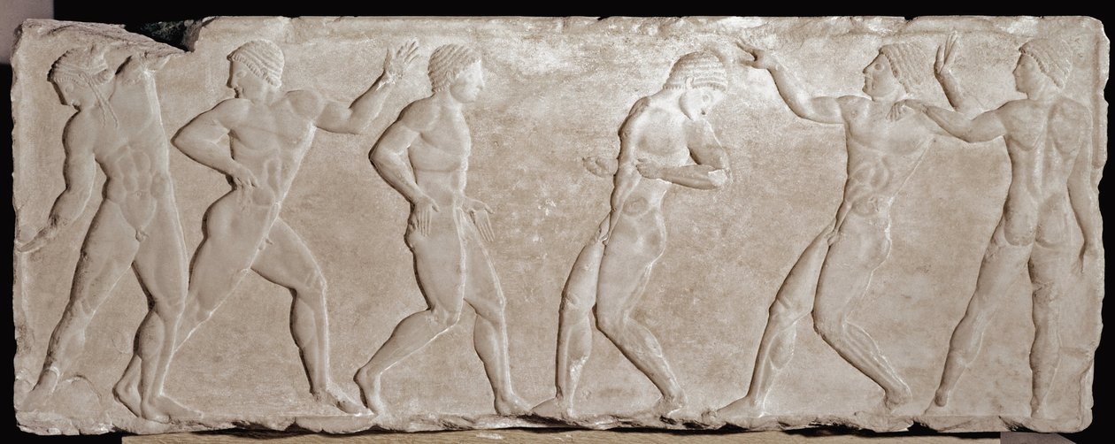 Marmorreliefstrumpor av en begravningskouros som representerar sex idrottare. 510 -500 f.Kr. Från Akropolis Aten. Nationalmuseet för arkeologi, Aten av Greek