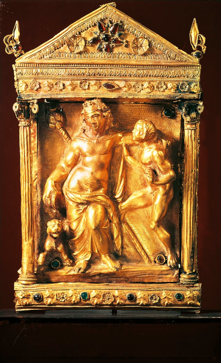 Naiskos med Dionysos berusad och satyr, litet tempel i hellenistisk stil med granater och smaragder från Thessalien, 2:a århundradet f.Kr. (guld) av Greek