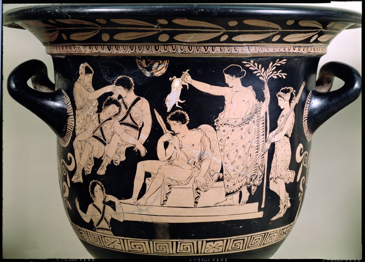 Orestes som suppliant vid Apollons helgedom i Delphi, detalj från en krater med röd figur i Attic, tillskriven den apuliska Eumenides-målarens keramikdetalj från 92567 av Greek