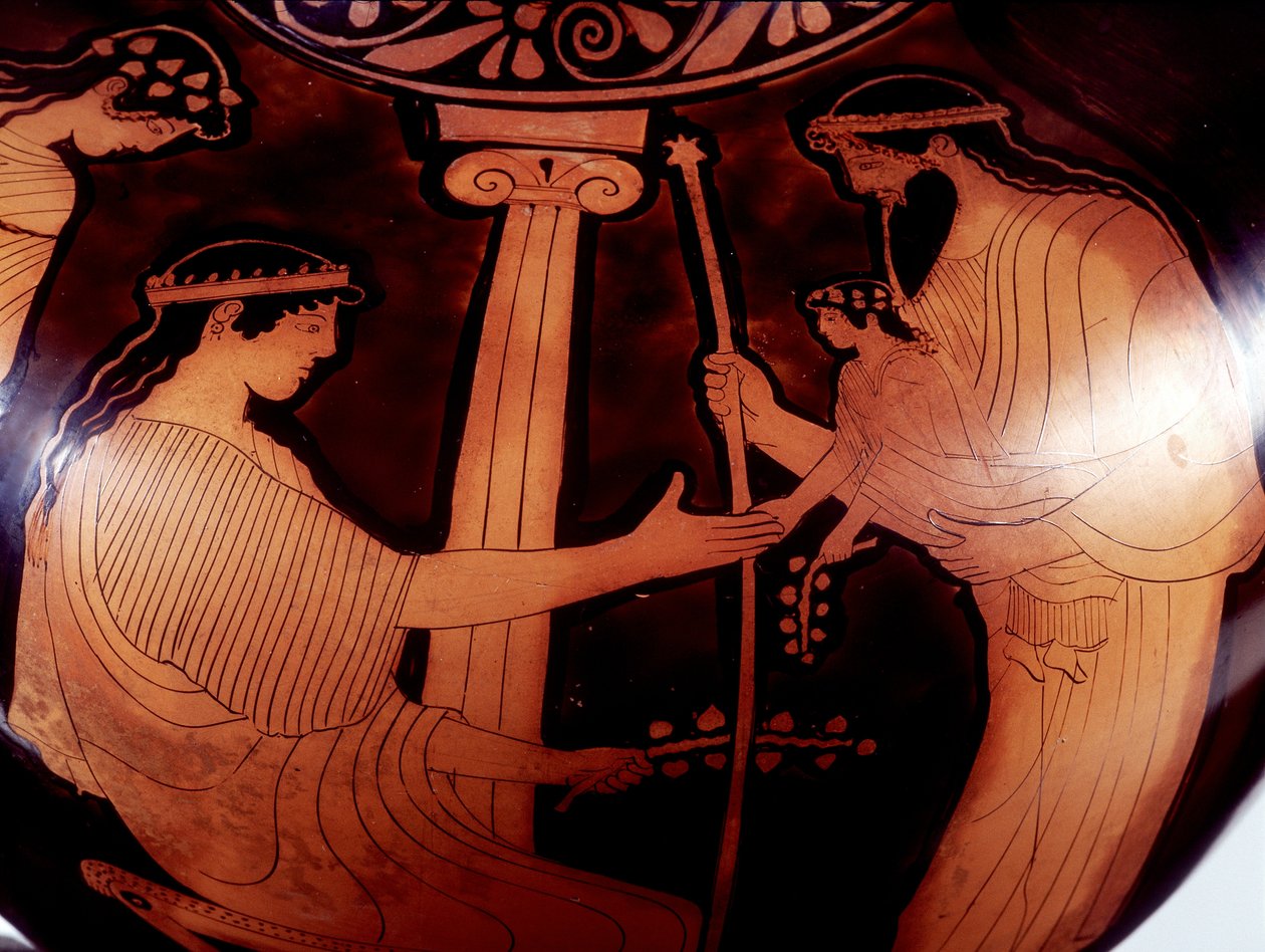 Målning på vas: Jupiter (Zeus) presenterar den unge Dionysos (Bacco) för två kvinnor. 480 f.Kr. BNF, Medaljbyrå. av Greek