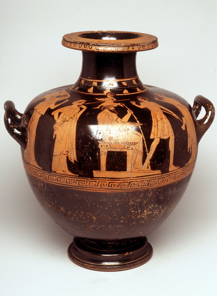 Målning på vas: Representation av Jupiter (Zeus) stympad i mitten. Ovanför hennes huvud visas Athena, varje armé (Athens födelse). Mot Zeus står Hephaistos. 470 f.Kr. BNF, Cabinet des Medailles. av Greek