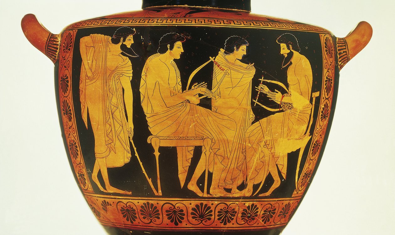 Keramik med röda figurer, Attic hydria av Phintias som porträtterar musiklektion av Greek
