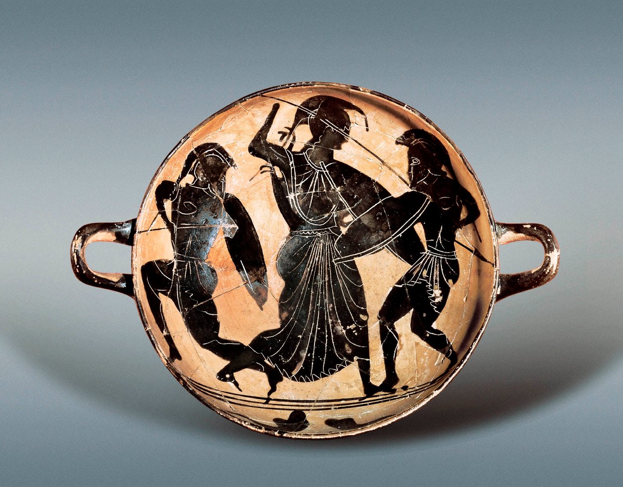 Trojanska kriget: Gudinnan Athena kämpar mellan Hector och Achilles. 600-talet f.Kr. Kylix (drickskopp) har svarta figurer i keramik, Kataloniens arkeologiska museum, Barcelona. av Greek