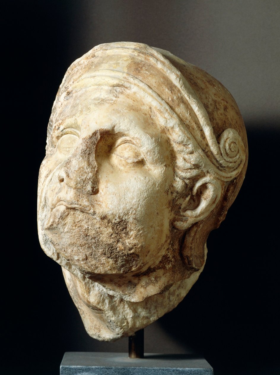 Krigarhuvud av Skopas (340-420 f.Kr.) framför Athena Alea-templet i Tegea, 300-talet f.Kr. (foto) av Greek