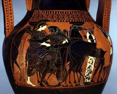 Svartfigur amfora dekorerad med en scen av Herakles som hjälper Athena, detalj, 600-500-talet f.Kr. (keramik) av Greek