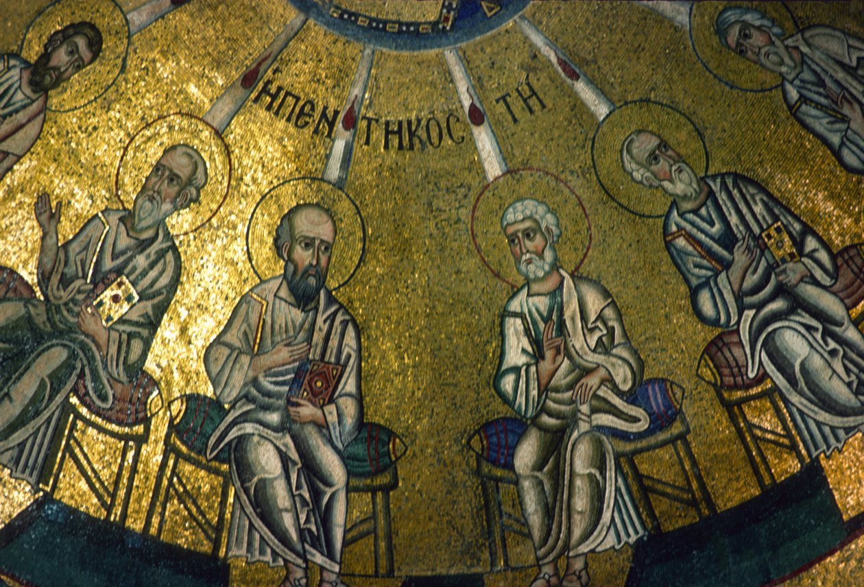 Apostlar, detalj från pingstmosaiken, interiören av Katholikon (mosaik) av Greek School