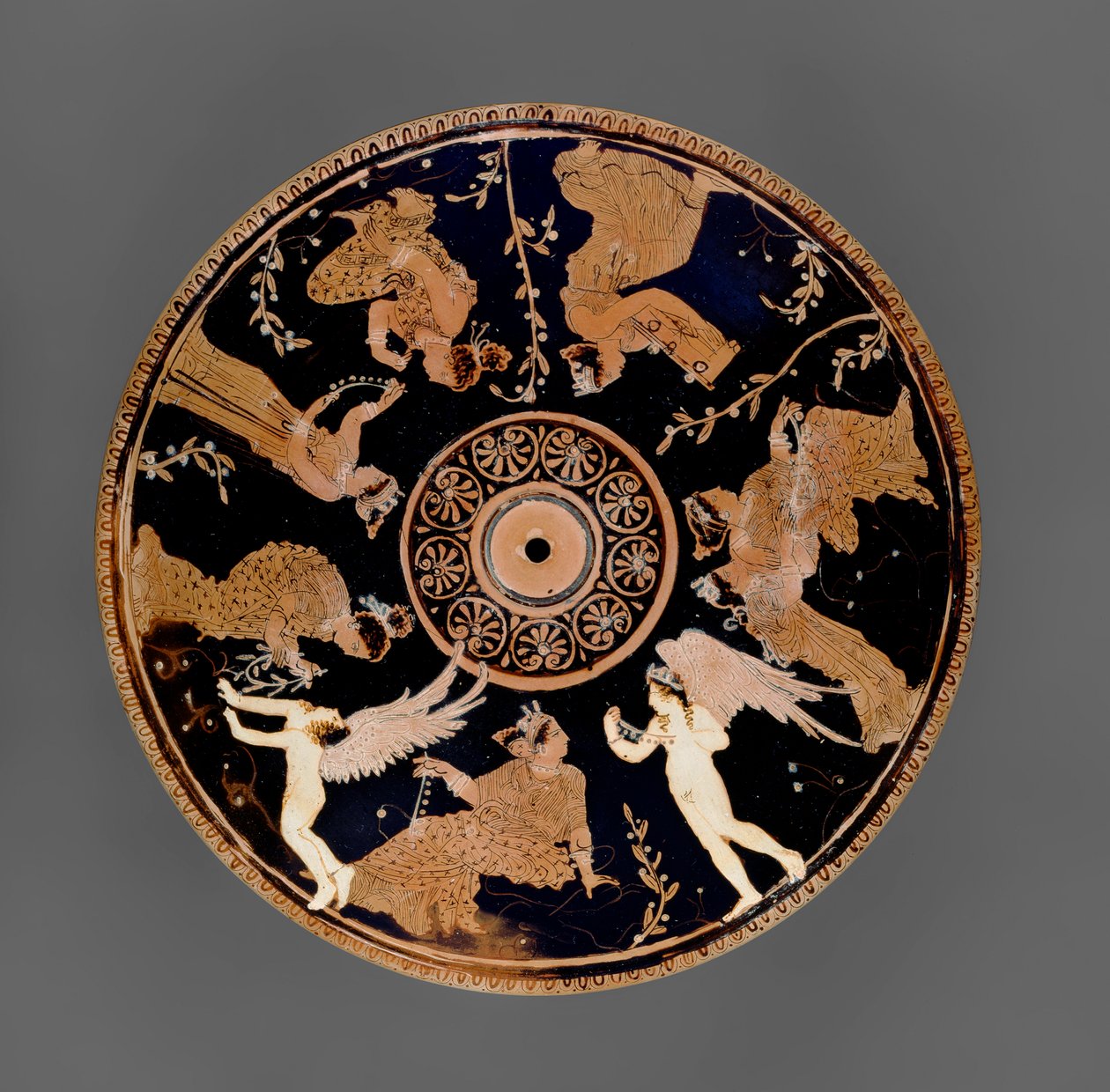 Attic röd-figur Pyxis, detalj av locket dekorerad med kvinnor som håller kärlekssymboler och halsband, nära Medidias Painter (keramik) av Greek School