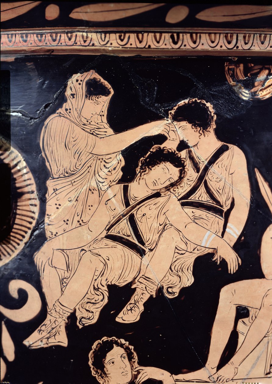 Attisk krater med röd figur som visar Orestes som söner vid helgedomen Apollo i Delfi, tillskriven den apuliska Eumenides-målaren, c.380 f.Kr. (keramik) (detalj) av Greek School