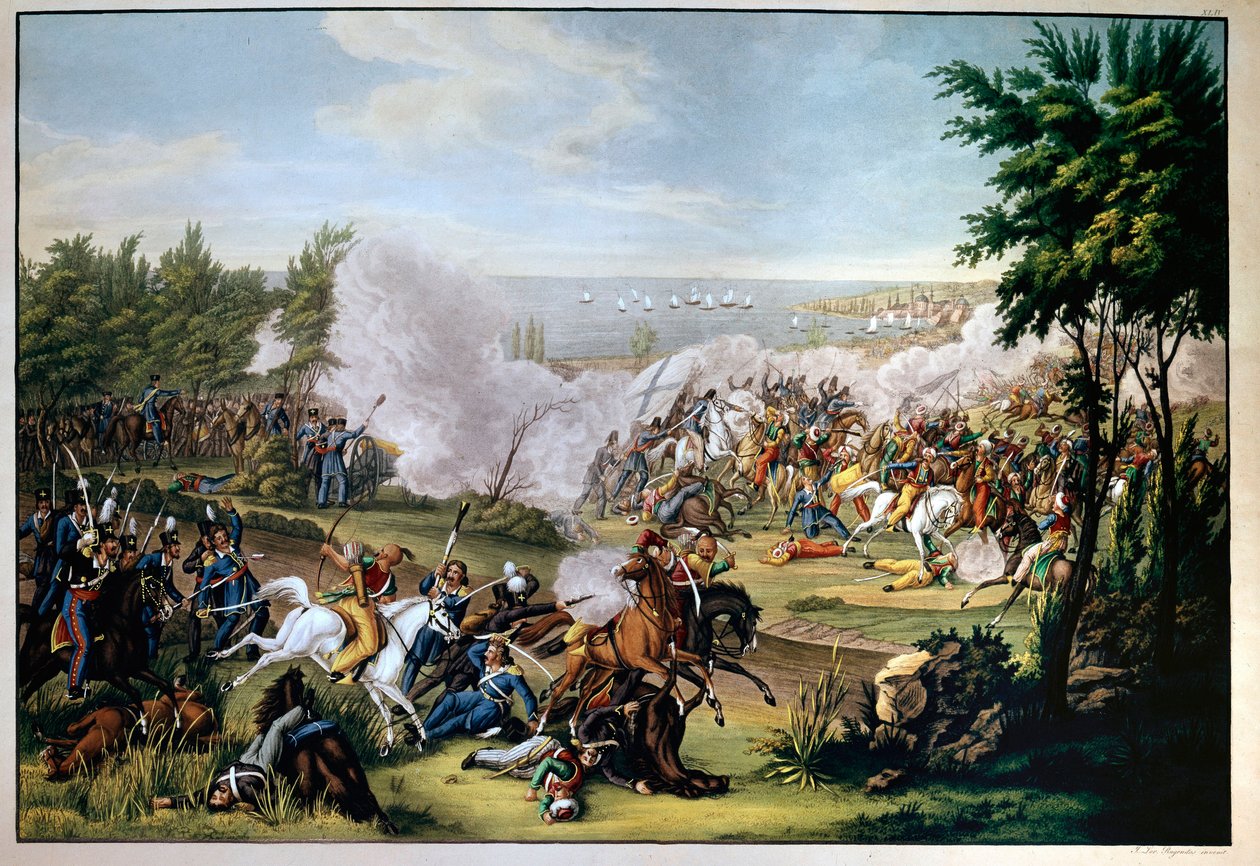 Slaget vid Missolonghi, Grekland, 1822, försvarat av Botzaris, som dör i konflikten mot turkarna av Omar Brionis (grekernas seger) (gravyr) av Greek School