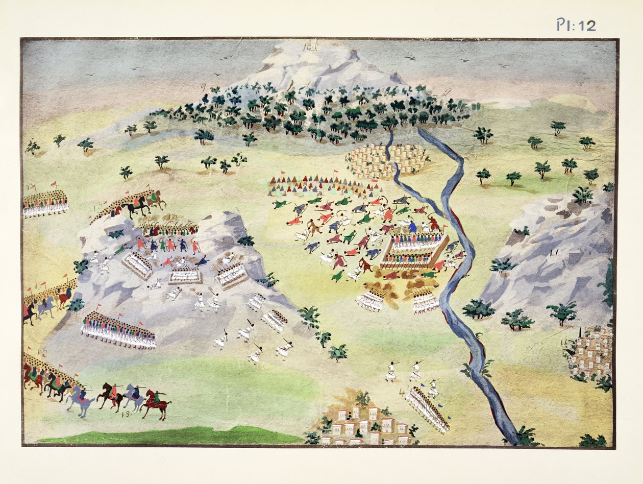 Slag mellan turkar och greker vid Karpenisi och Kaliakouda, skylt 12 från Pictorial History of the Greek Independence War of the General Makryjannis av Greek School