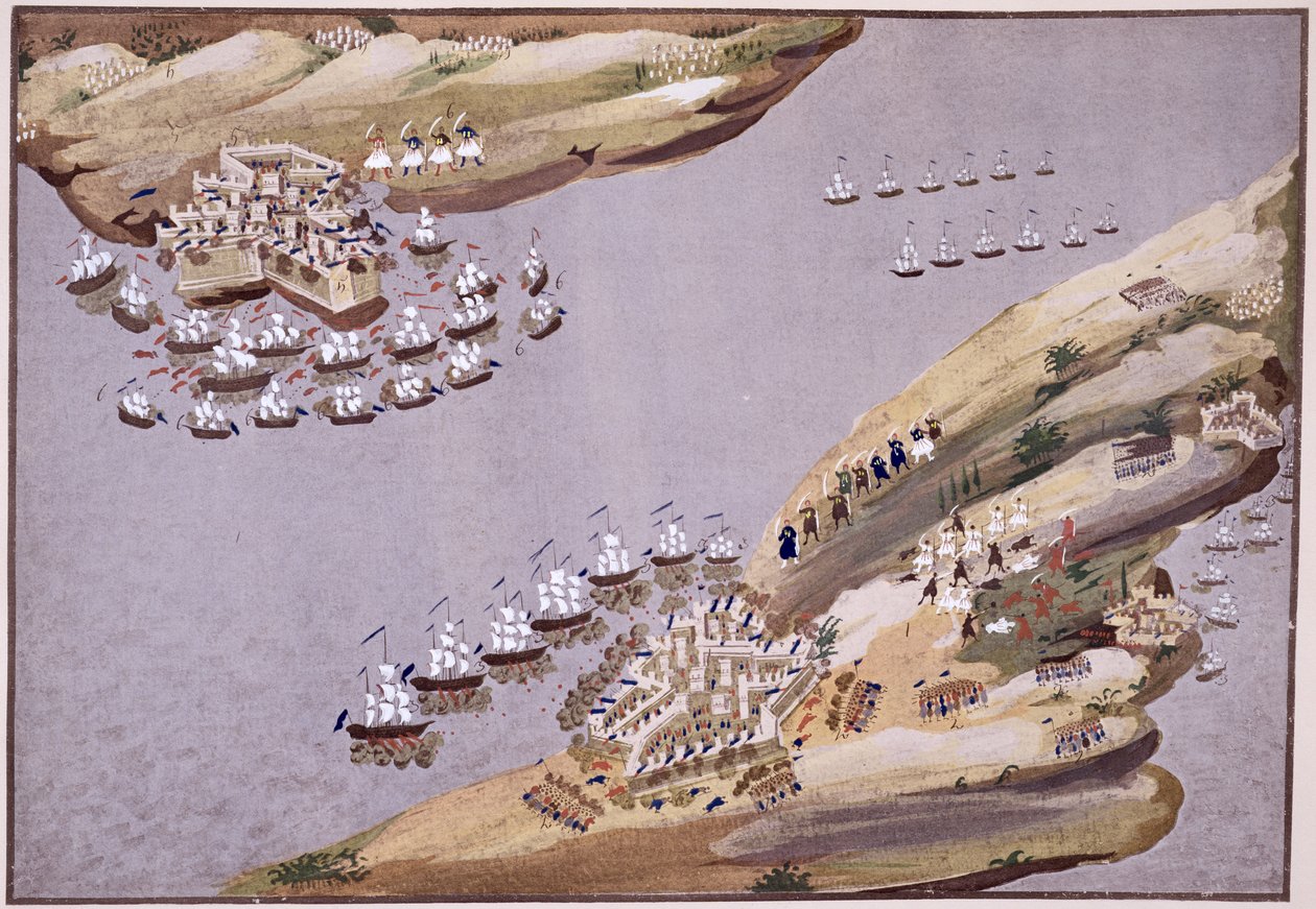 Slag om öarna Kreta och Samos, skylt 23 från Pictorial History of the Greek Independence War of the General Makryjannis av Greek School