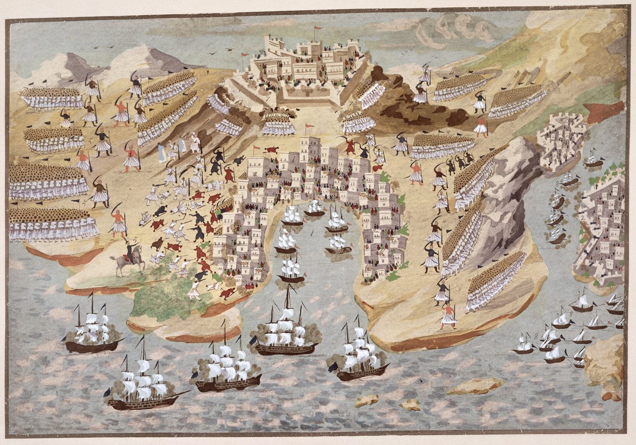 Fågelperspektiv över västra Grekland centrerad på Vonitsa, från det grekiska frihetskrigets bildhistoria av Greek School