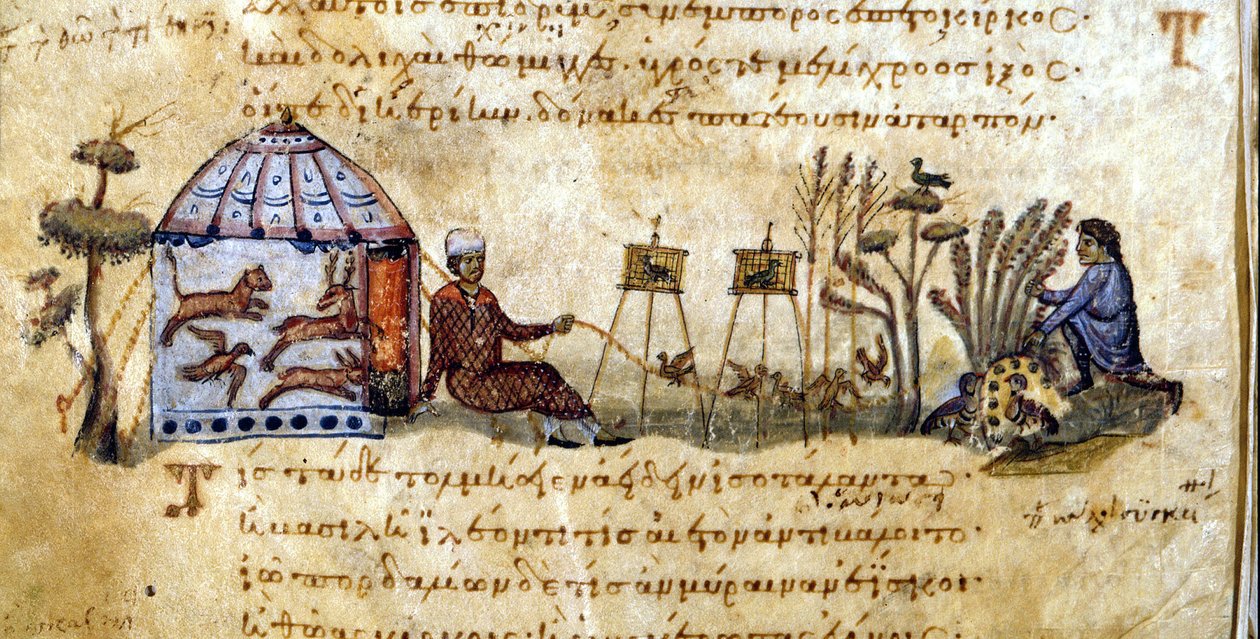 Skallfåglar - i "Jakten" av Oppianus, grekiskt manuskript från 1200-talet. Biblioteca Marciana. Venedig av Greek School