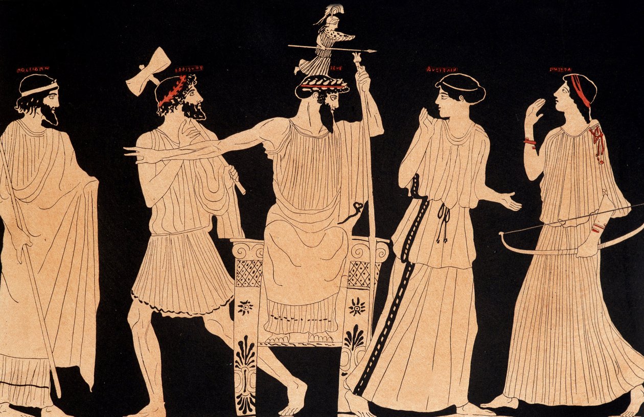 Athenas födelse kommer ut ur Jupiters huvud (Zeus), målning som finns i Vulci, ed. 1900-talet. av Greek School