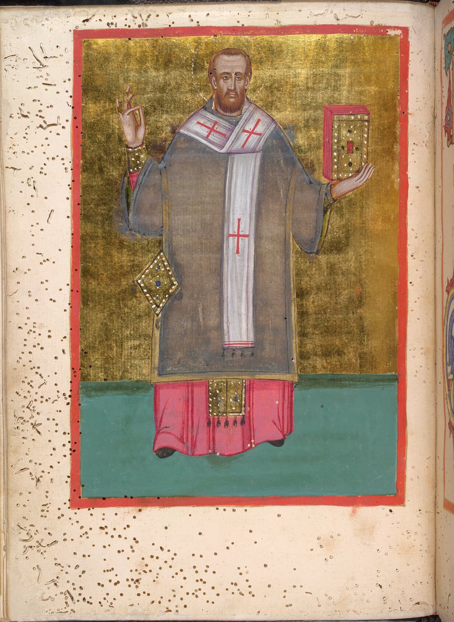 Egerton 2392, f.5v, miniatyr av en stående John Chrysostom som håller i en bok, från 