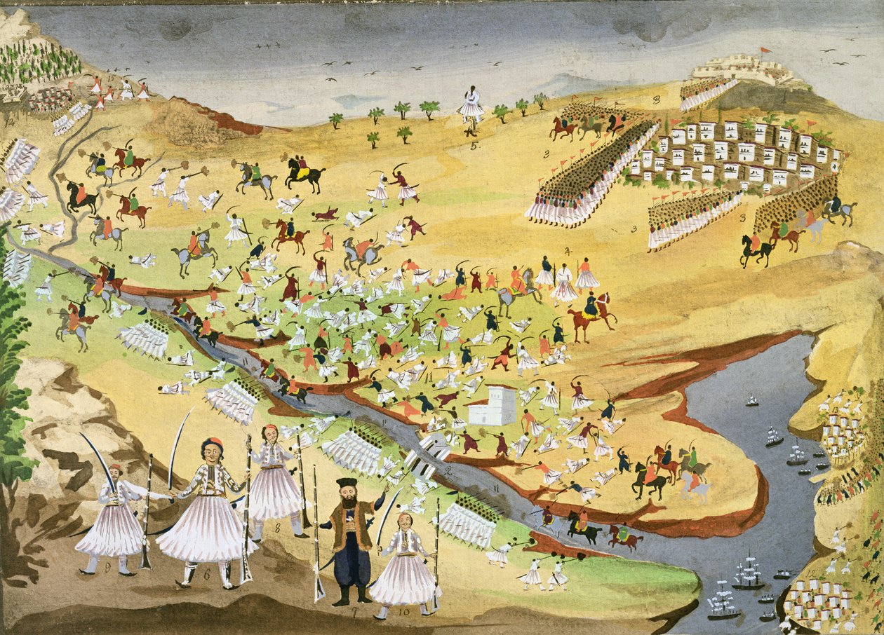 Första slaget mellan greker och turkar, vid Alamana-bron 1821, från det grekiska frihetskrigets bildhistoria av Greek School