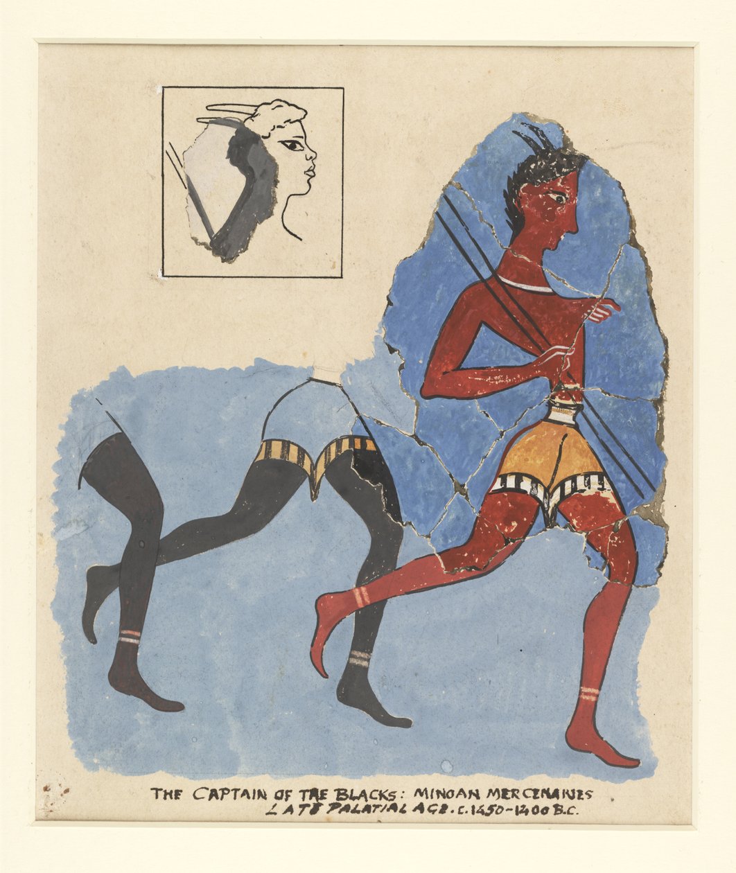 Fragment av en fresk från Knossos, med moderna restaurationer; soldater på flykt, c.1450-1400 f.Kr av Greek School