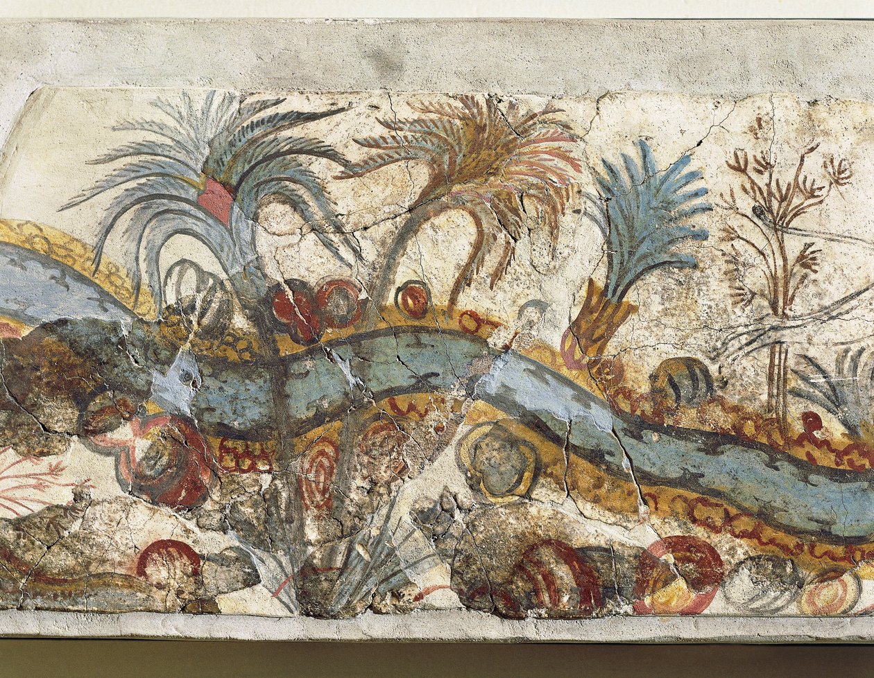 Fresk som visar flodlandskap, från Akrotiri, Thera Island, Santorini, Grekland, detalj av Greek School