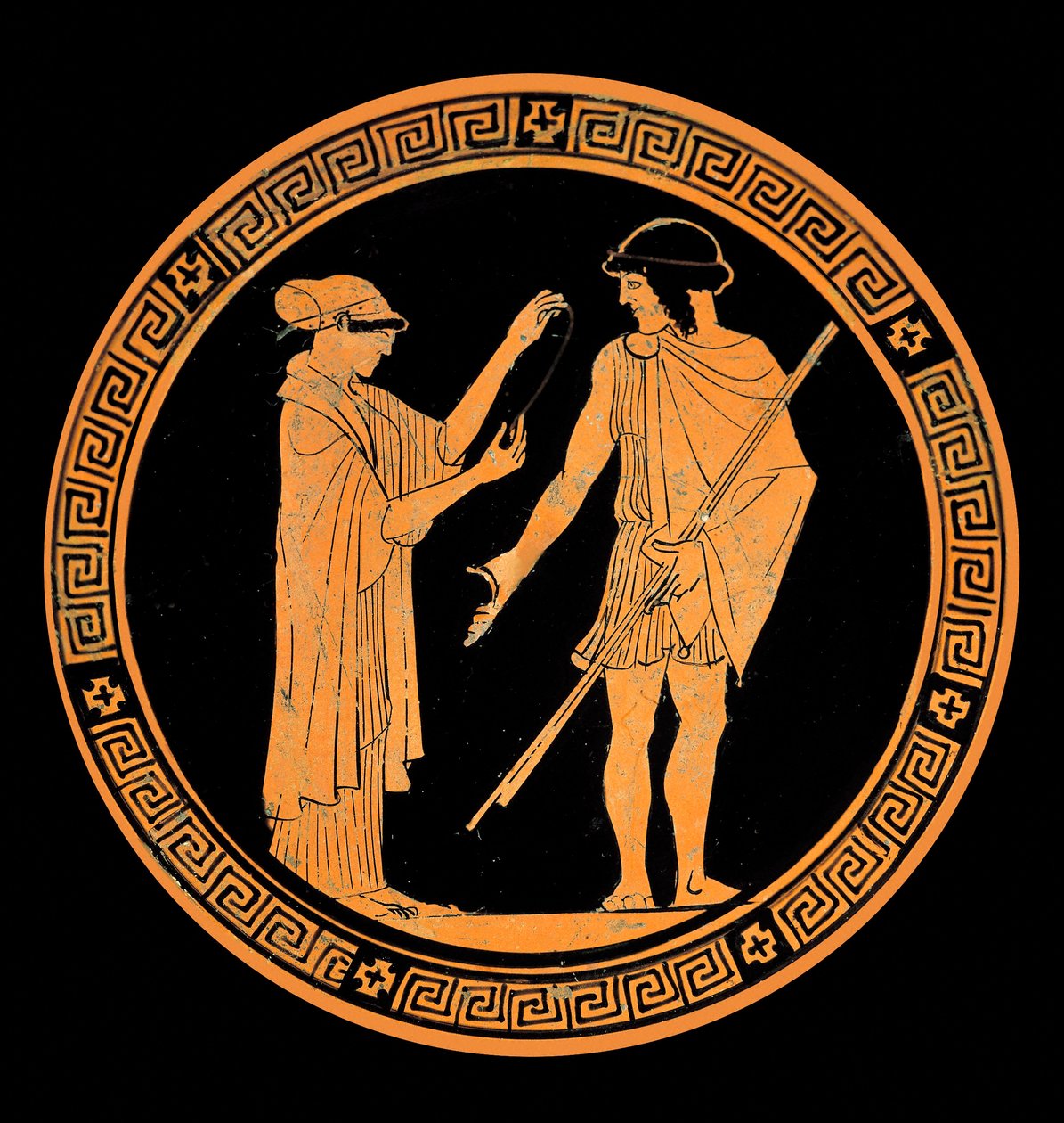 Galant samtal, dekoration av en keramik med röda figurer. 500-talet f.Kr. (keramik) av Greek School