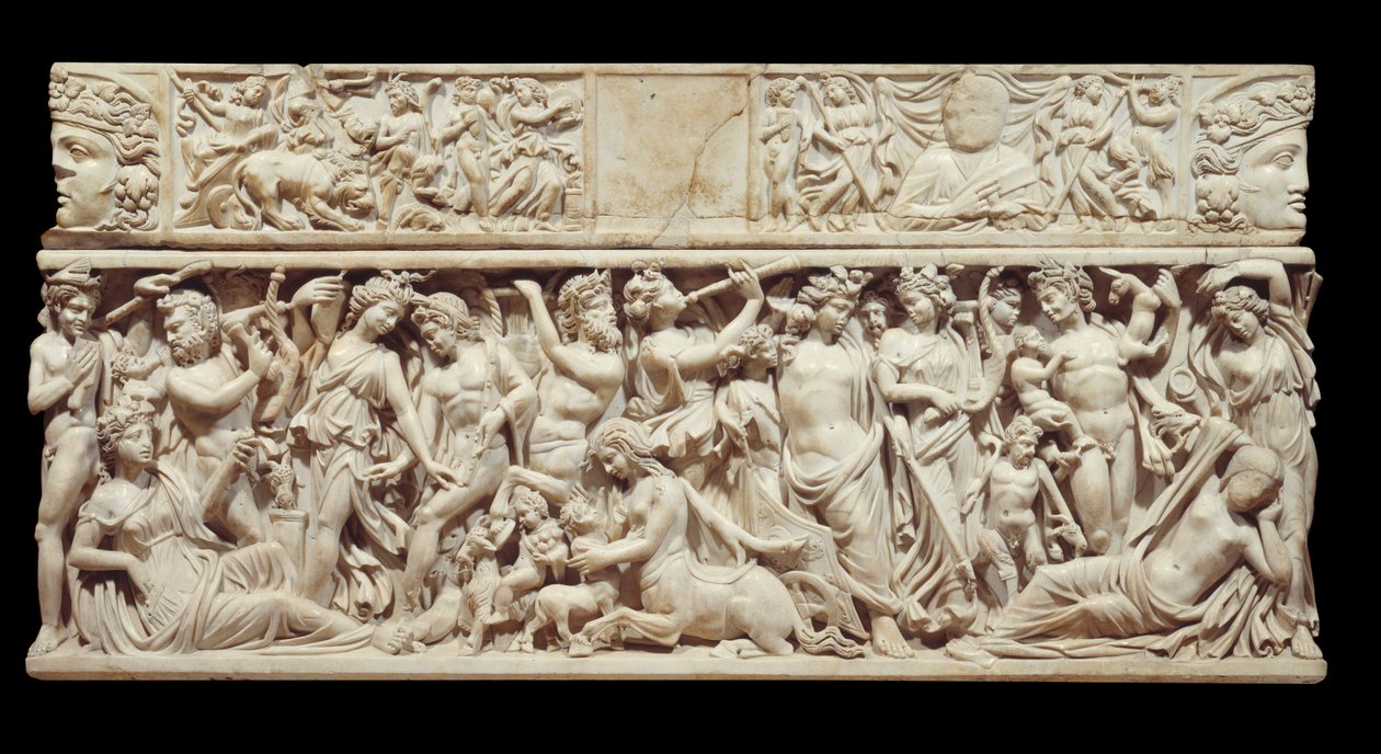 Grekisk konst: relief skulpterad på marmor av en sarkofag som föreställer Dionysos (eller Bacchus) som upptäcker sovande Ariane. Gudomen åtföljs av hennes kortege av satyrer. 230 e.Kr. Från Saint Medard d