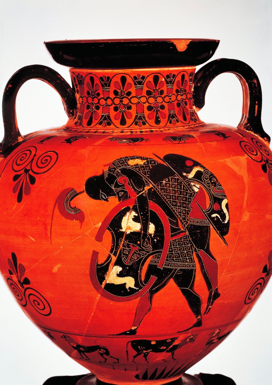Grekisk civilisation, 600-talet f.Kr. Svartfigur keramik. Amfora föreställande Ajax bärande Achilles kropp. av Greek School