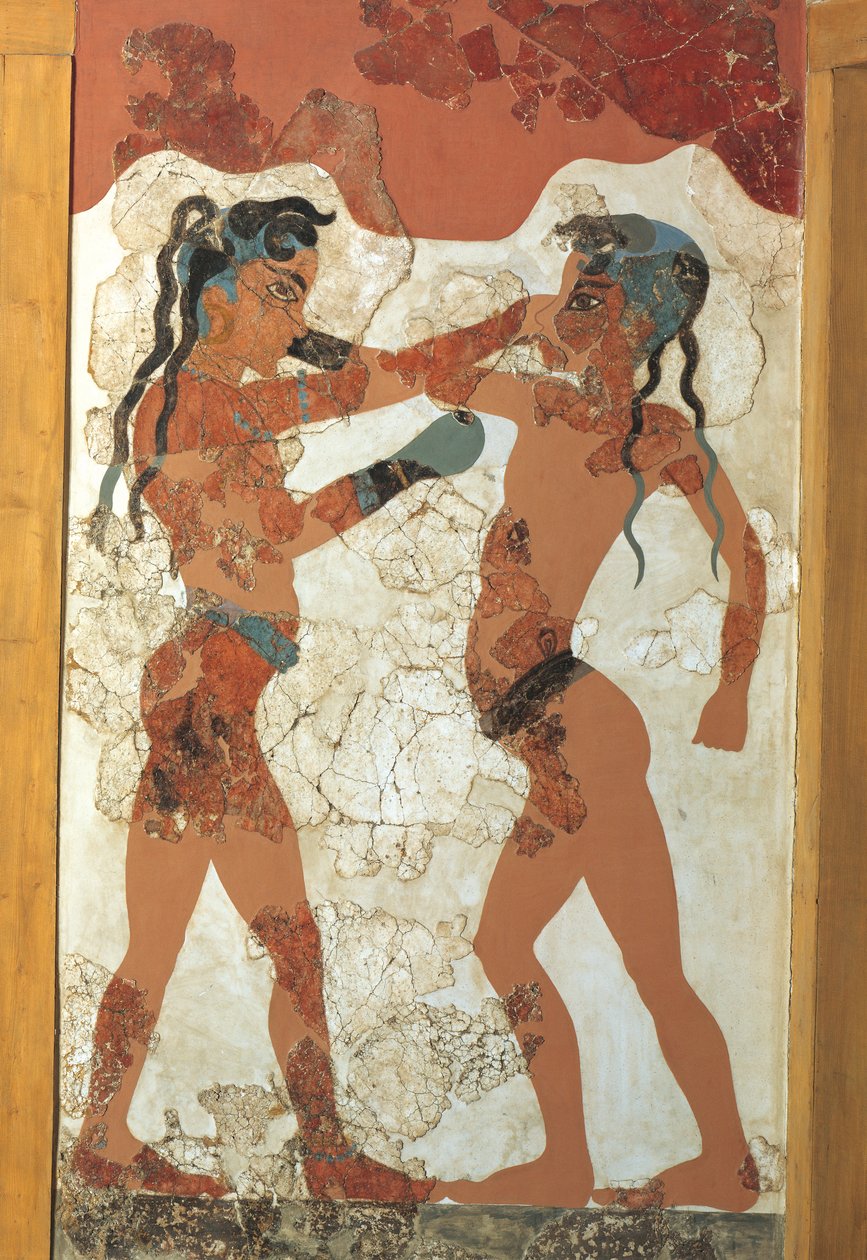 Grekisk civilisation, Fresk föreställande unga boxare, Från Akrotiri, Thera Island, Santorini, Grekland av Greek School