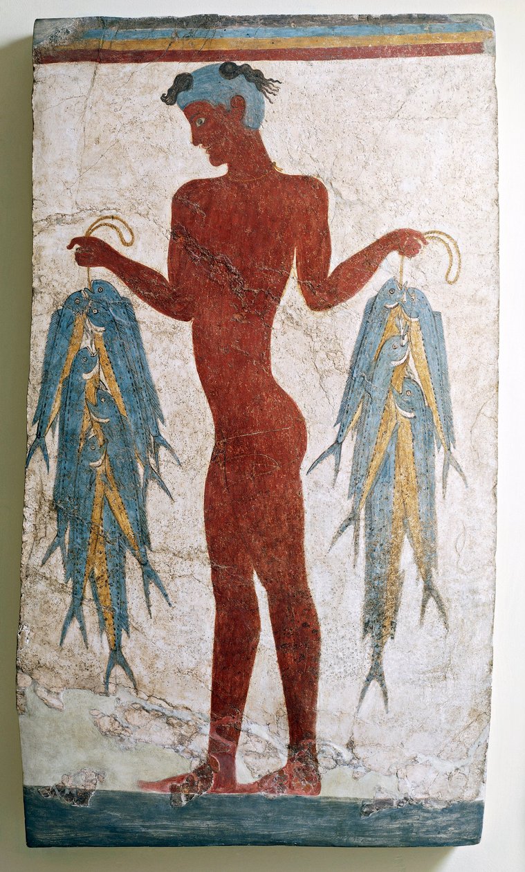 Grekisk civilisation, fresk föreställande fiskare, från Akrotiri, Thera, Santorini, Grekland av Greek School