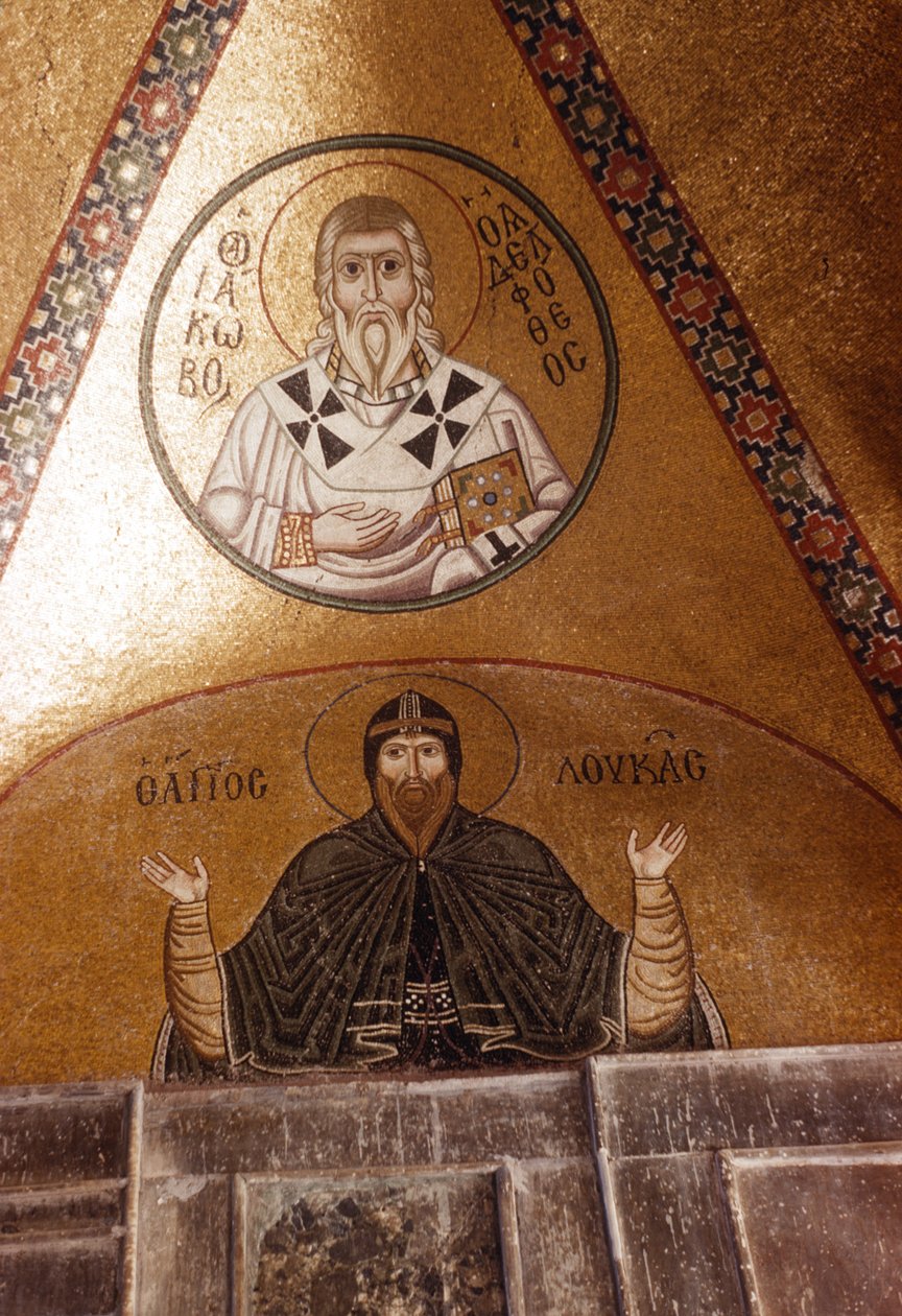 Hosios Loukas och Jakobos Adelphoteos, mosaiker i Katholikon (mosaik) av Greek School