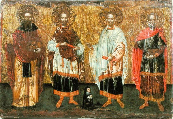 Ikon som visar SS. Cosmas och Damian (olja på panel) av Greek School