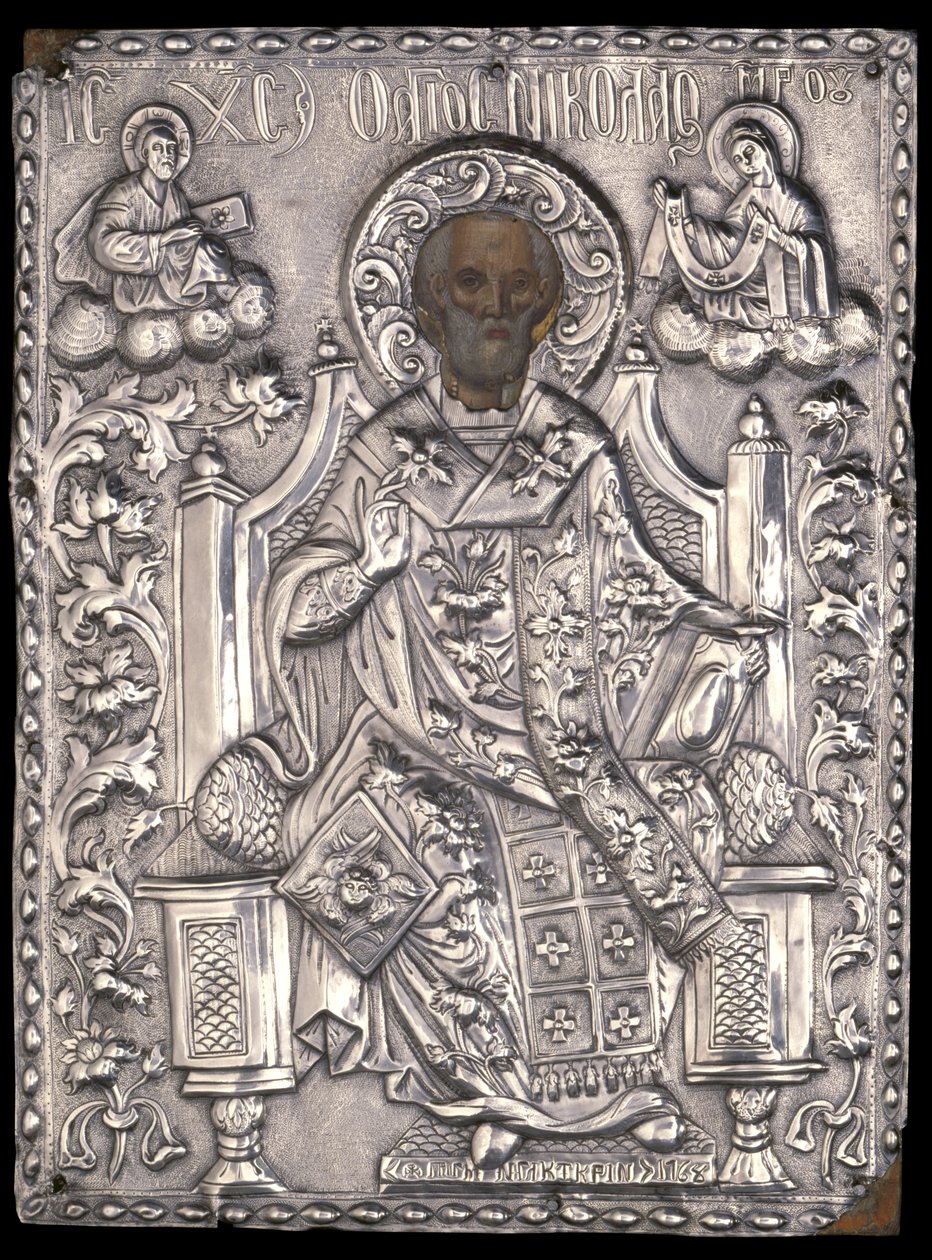 Ikon av St. Nicholas med silvergjutning, 1768 (äggtempera och koppar på trä) av Greek School