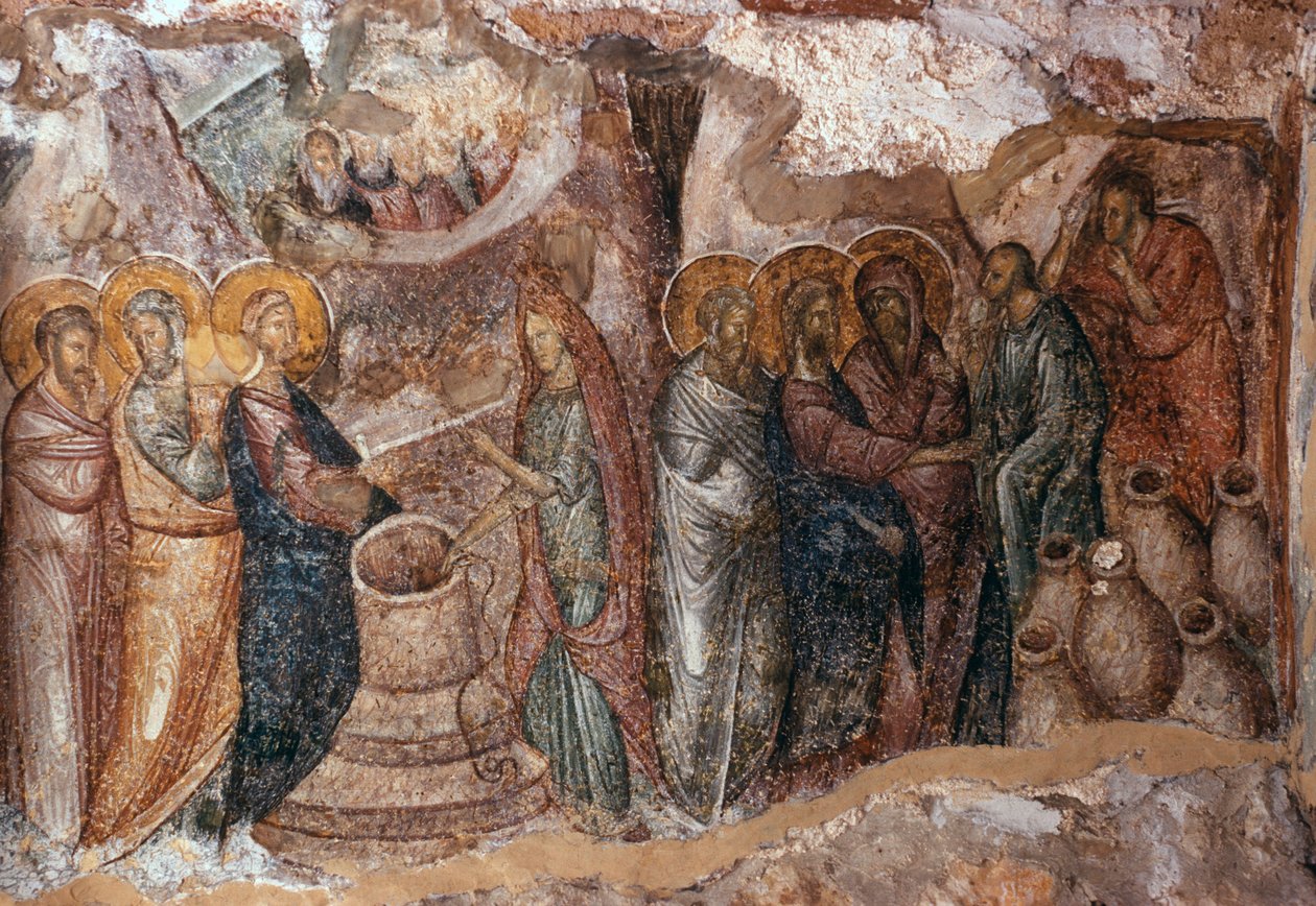 Giftermål i Cana, narthex väggmålning, Afendiko kyrka, Brontochion kloster av Greek School